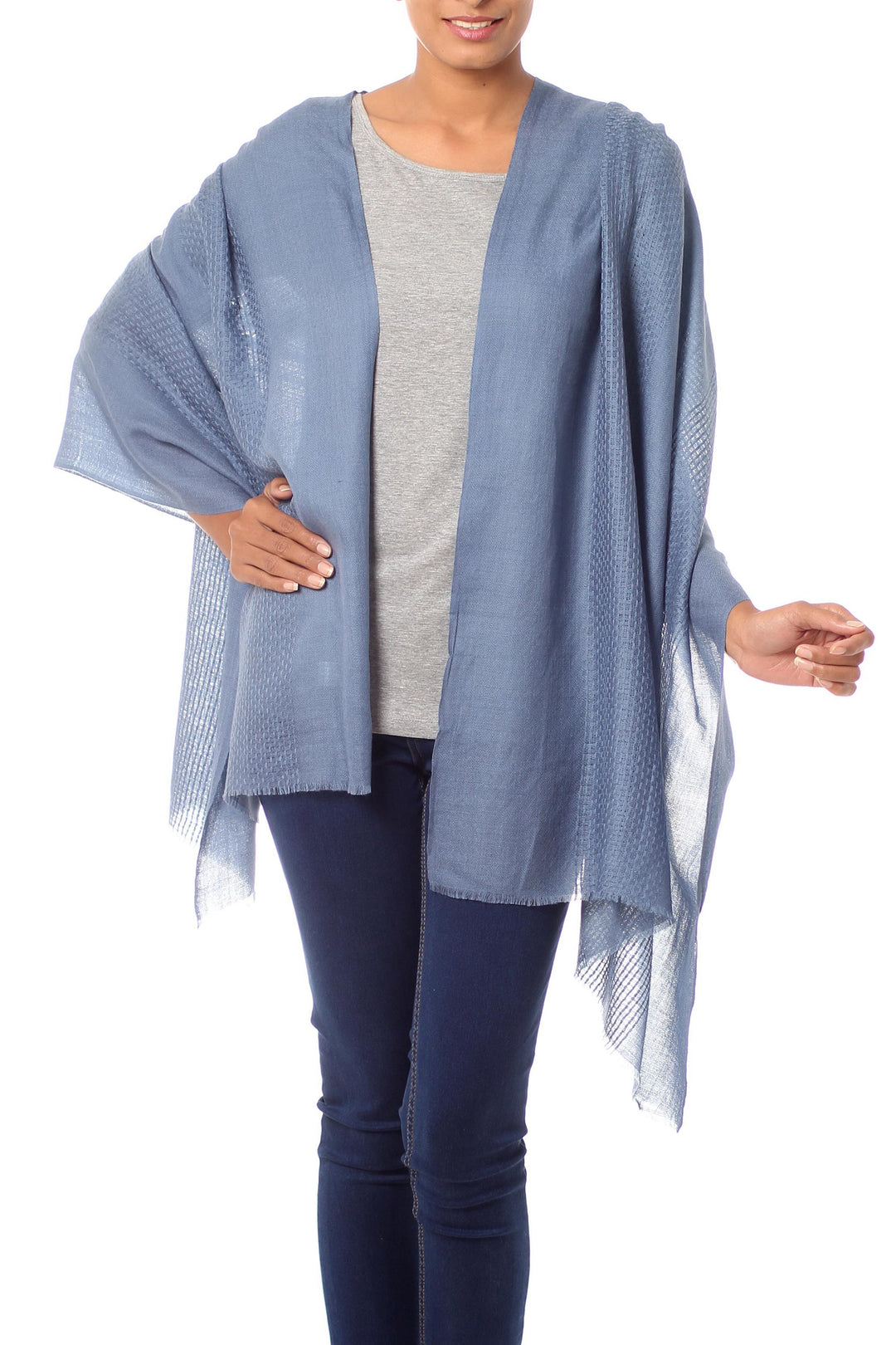 Handwoven Blue-Gray Wool Shawl with Mixed Textures - Blue-Gray Allure
