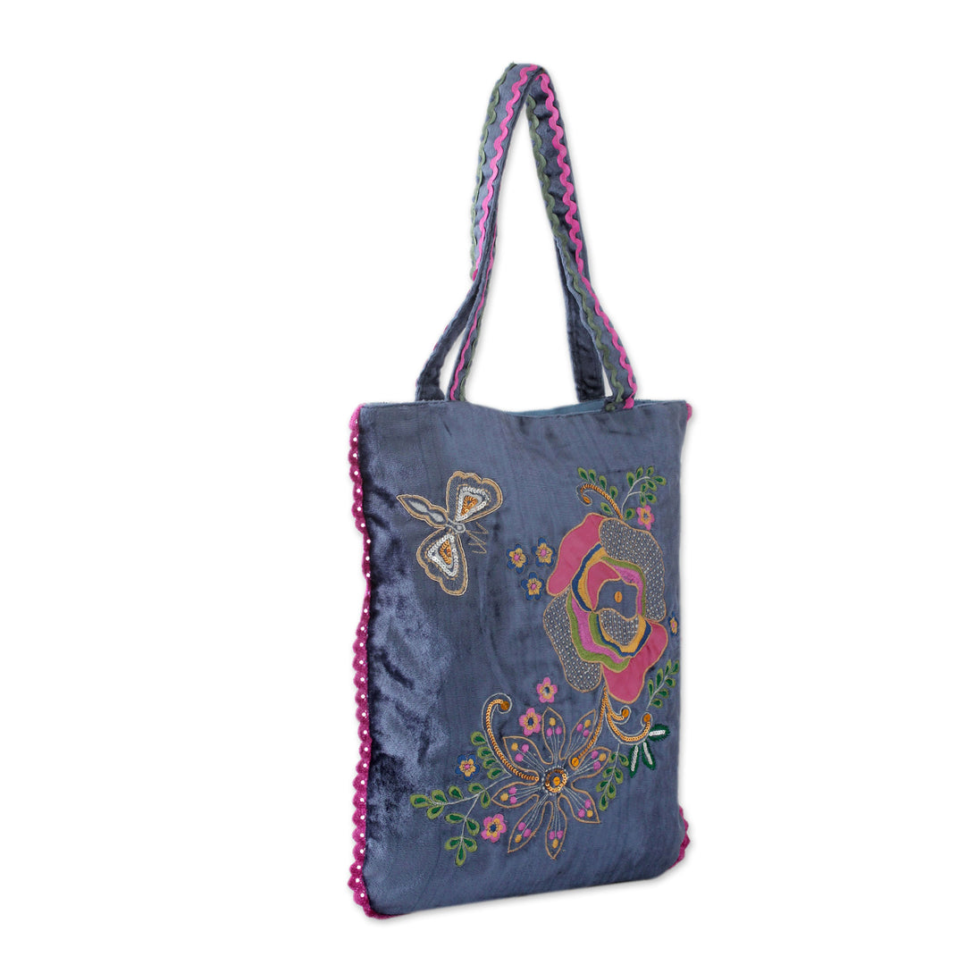 Velvet Applique Shoulder Bag with Embroidery and Sequins - Butterfly Garden