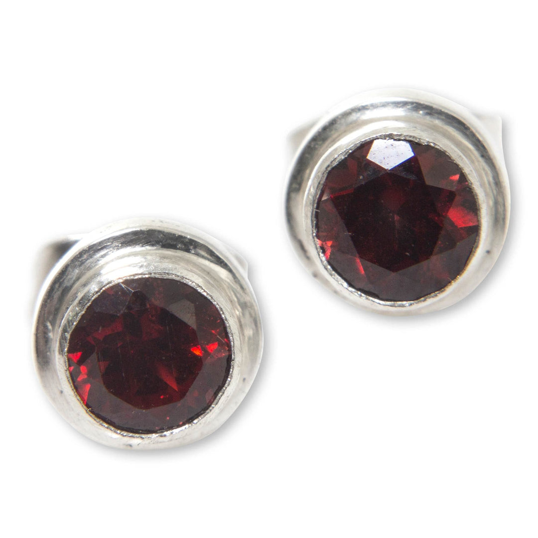 Genuine Garnet and Sterling Silver Stud Earrings from Bali - Red Simplicity