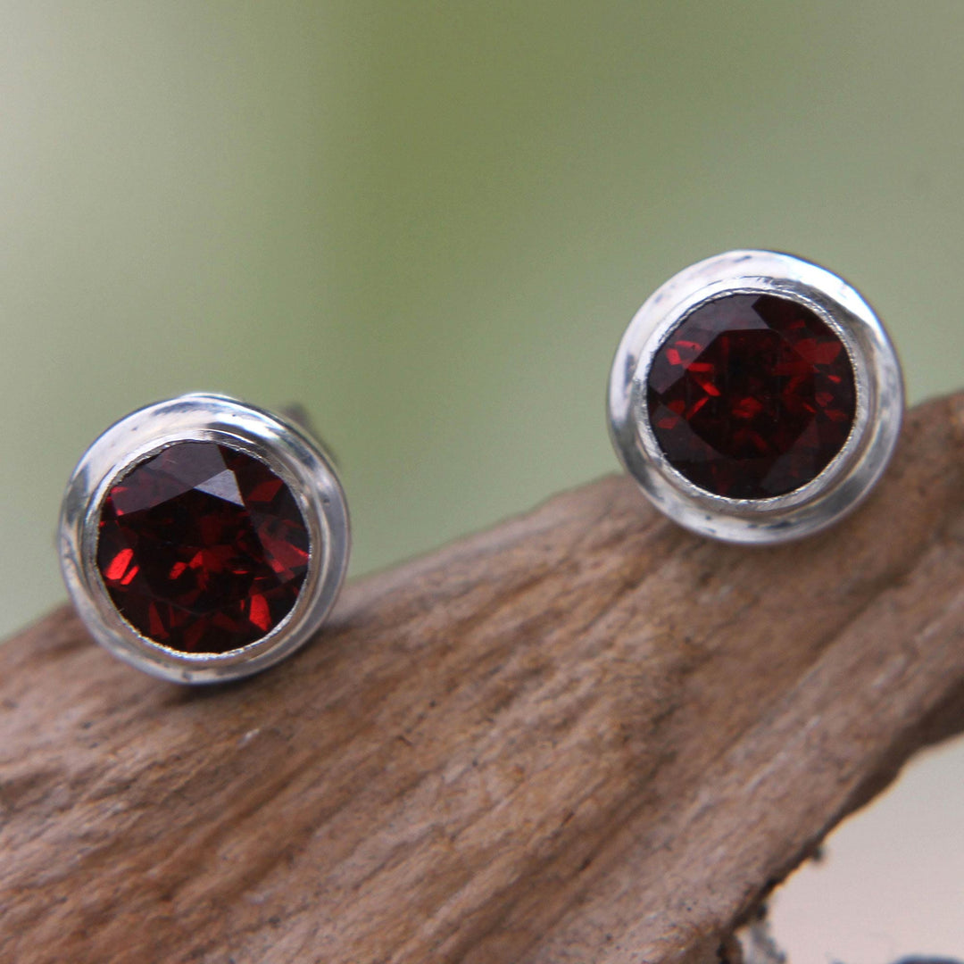 Genuine Garnet and Sterling Silver Stud Earrings from Bali - Red Simplicity
