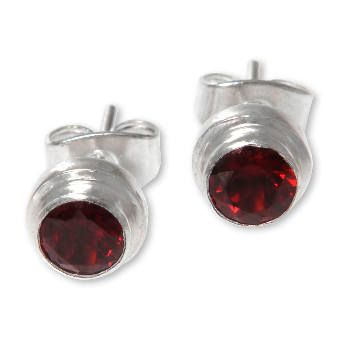 Genuine Garnet and Sterling Silver Stud Earrings from Bali - Red Simplicity
