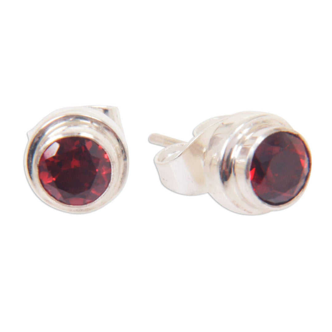 Genuine Garnet and Sterling Silver Stud Earrings from Bali - Red Simplicity