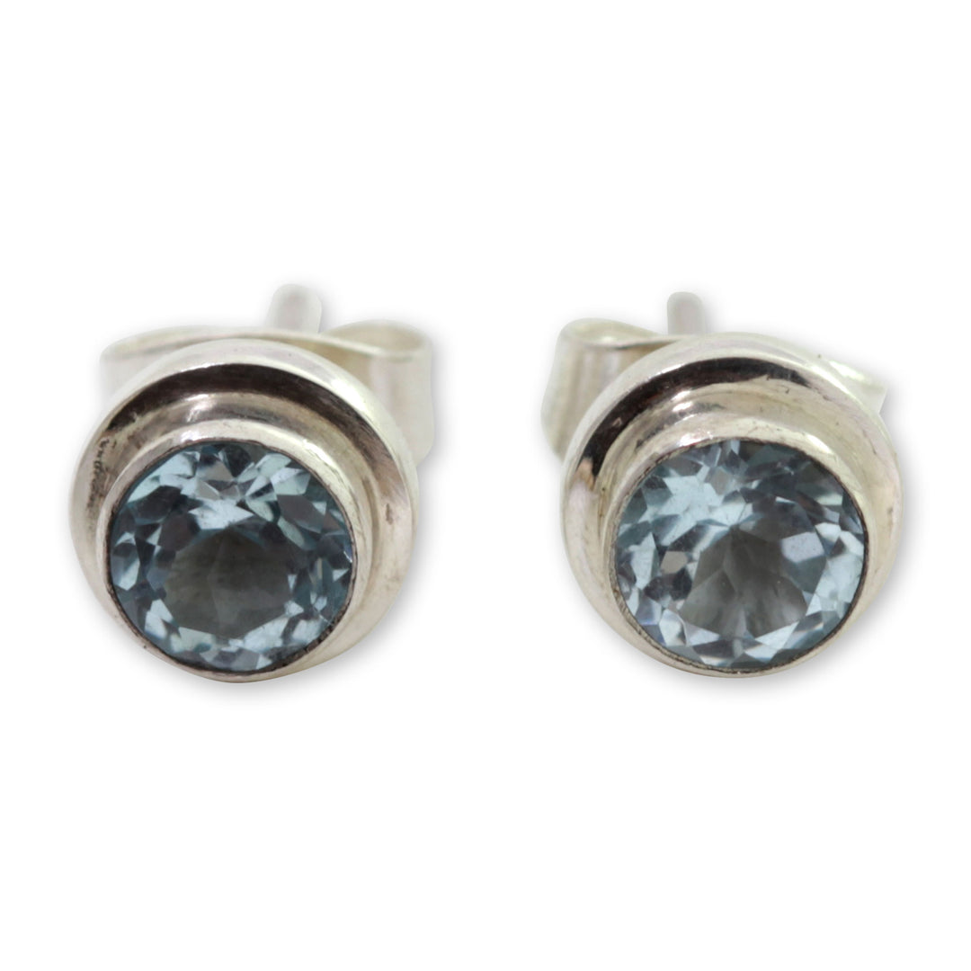Classic Blue Topaz and Sterling Silver Round Stud Earrings - Blue Simplicity
