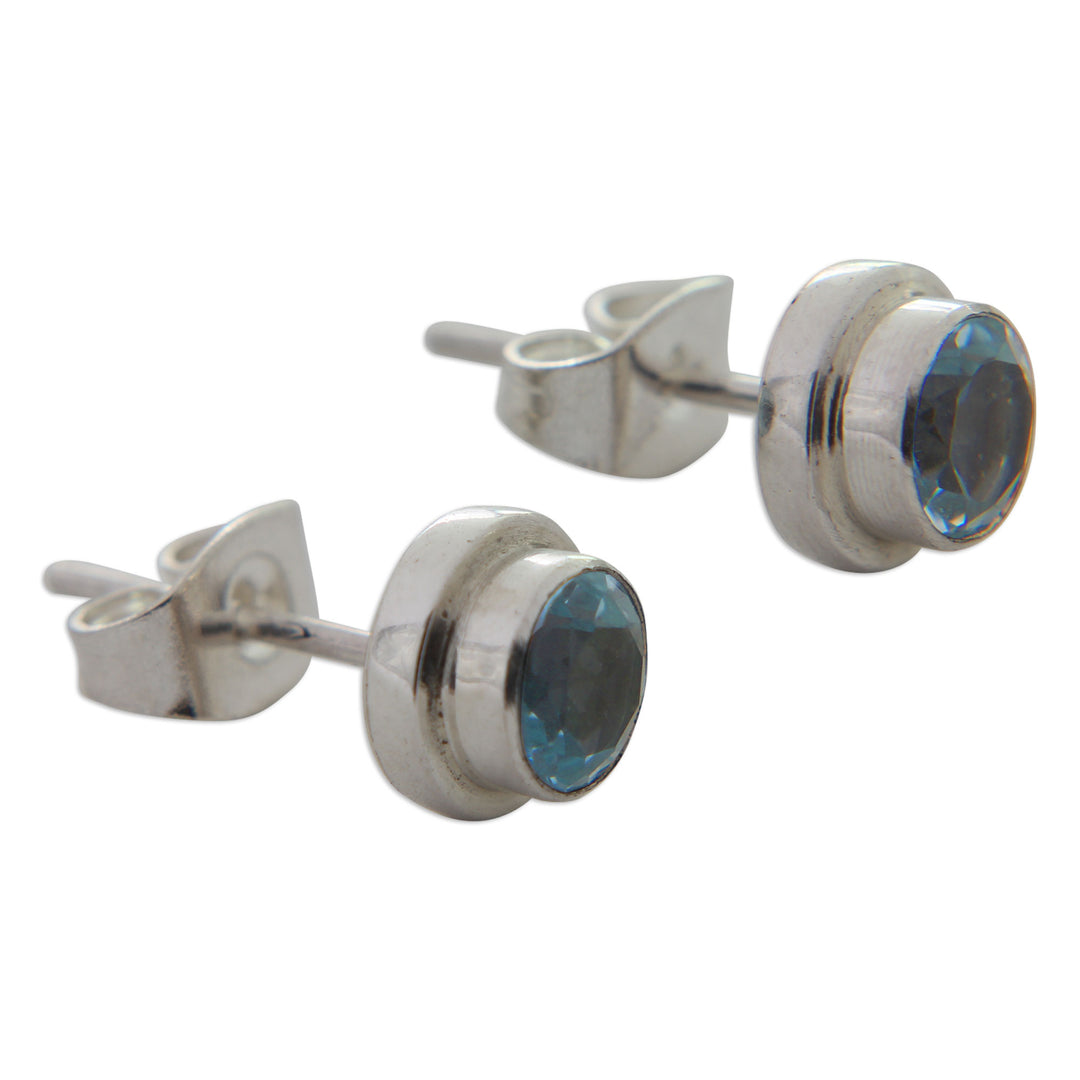 Classic Blue Topaz and Sterling Silver Round Stud Earrings - Blue Simplicity
