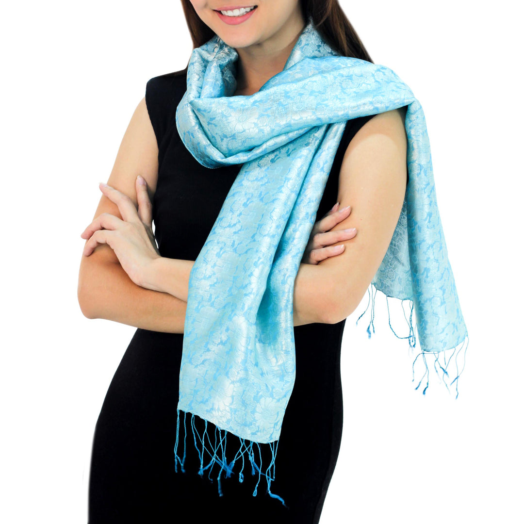 Aqua Floral Pattern Scarf from Thailand - Aqua Bouquet