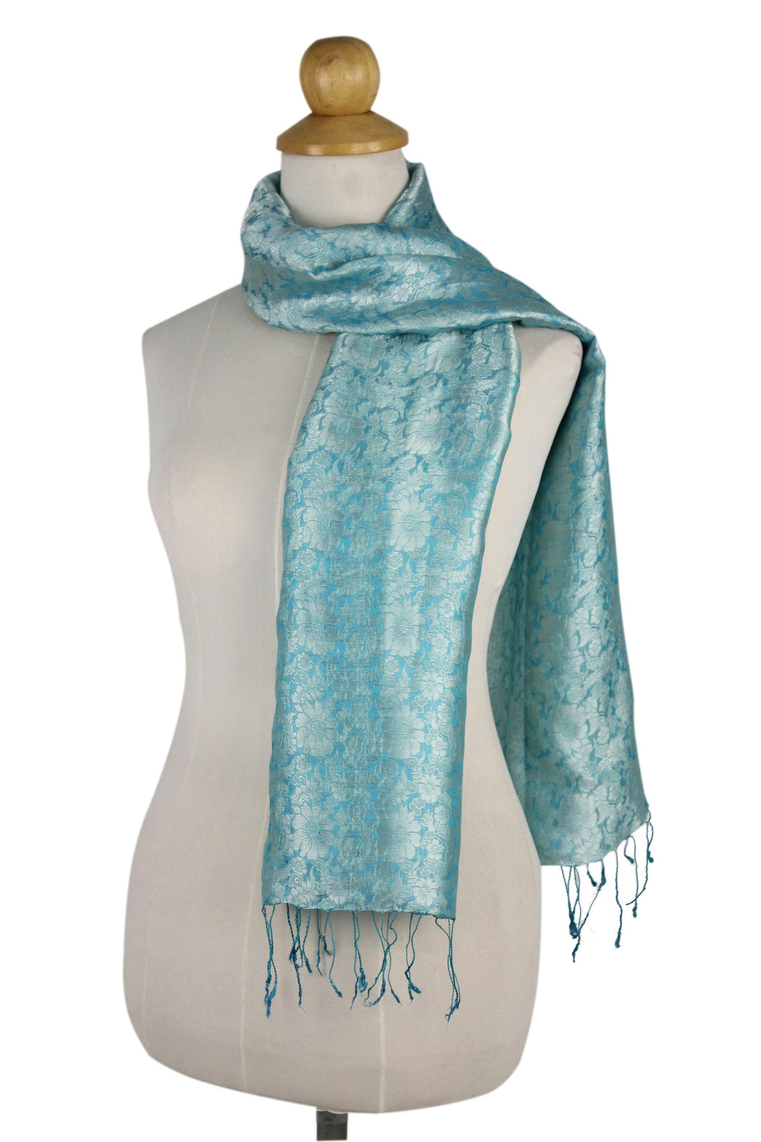 Aqua Floral Pattern Scarf from Thailand - Aqua Bouquet
