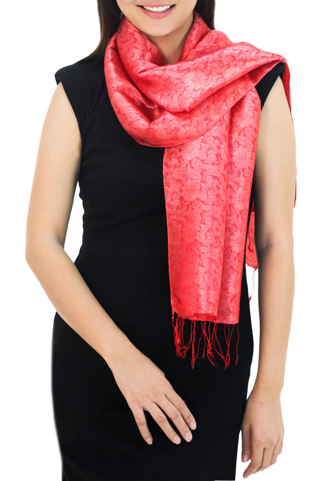 Red Floral Rayon and Silk Thai Scarf - Crimson Bouquet