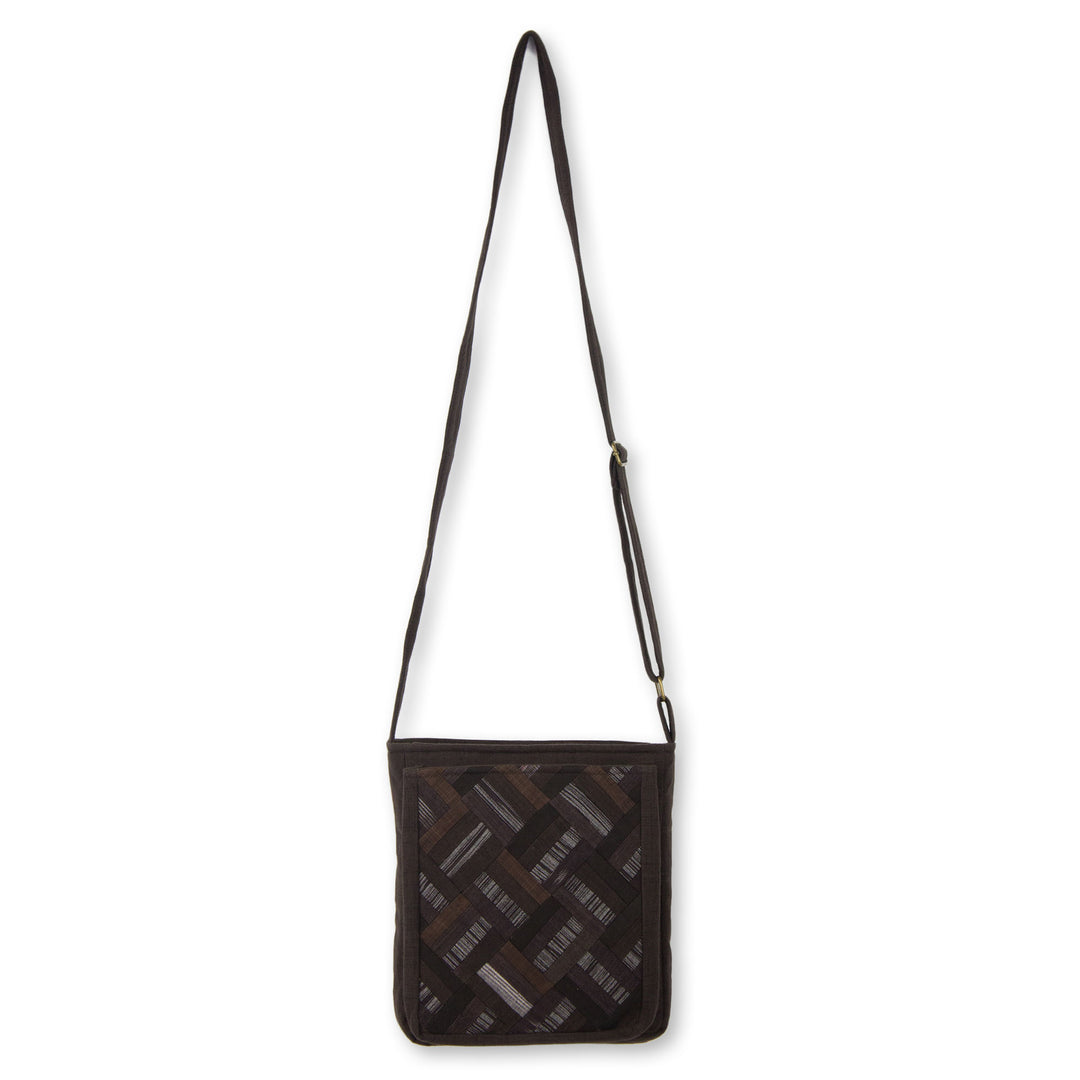 Cotton Thai Applique Dark Brown Shoulder Bag with 3 Pockets - Dark Brown Siam