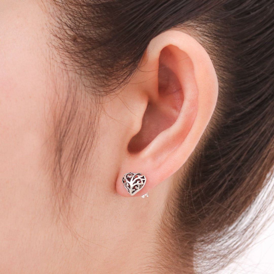 Hand Crafted Sterling Silver Filigree Heart Post Earrings - Filigree Love