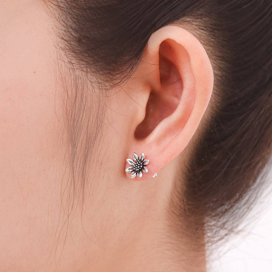 Small Sterling Silver Sun Flower Post Earrings from Thailand - Sunflower Love