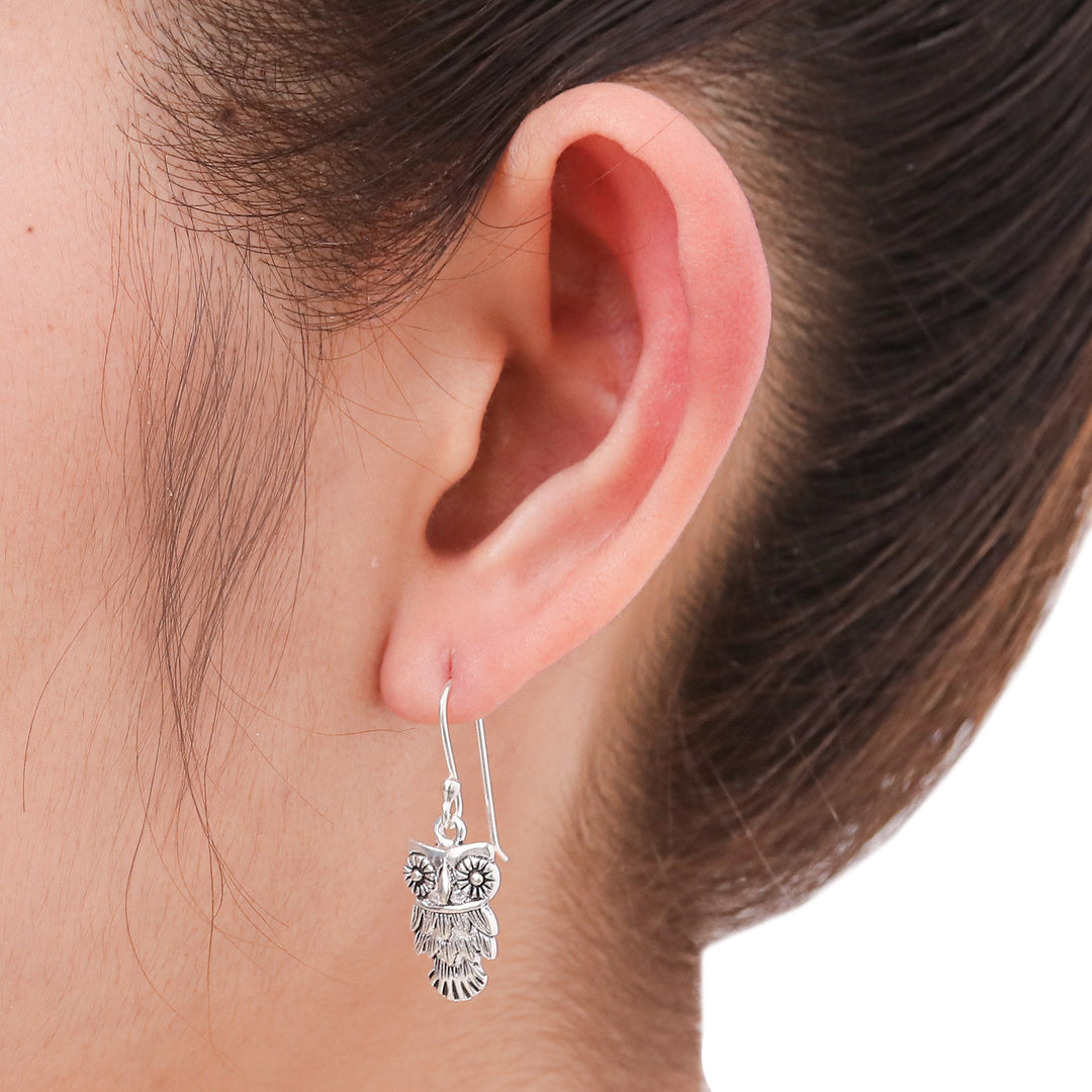 Hand Crafted Owl Dangle Earrings in Sterling Silver 925 - Owl Love