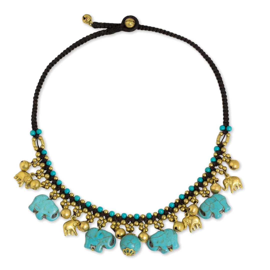 Hand Crafted Necklace with Brass and Blue Calcite Elephants - Blue Elephant Charm