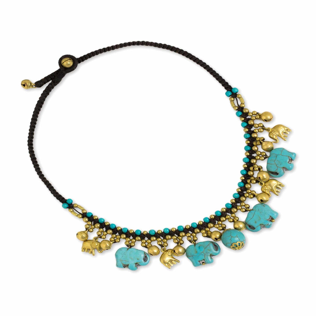 Hand Crafted Necklace with Brass and Blue Calcite Elephants - Blue Elephant Charm