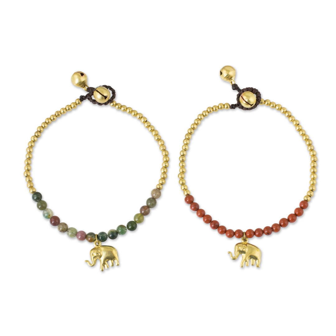 Jasper and Elephant Charm on Pair of Brass Beaded Bracelets - Stylish Elephants
