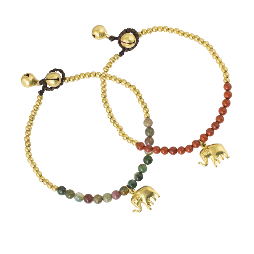 Jasper and Elephant Charm on Pair of Brass Beaded Bracelets - Stylish Elephants