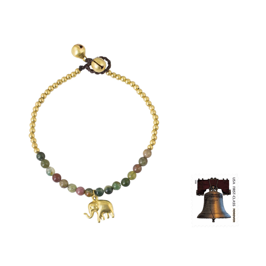 Jasper and Elephant Charm on Pair of Brass Beaded Bracelets - Stylish Elephants