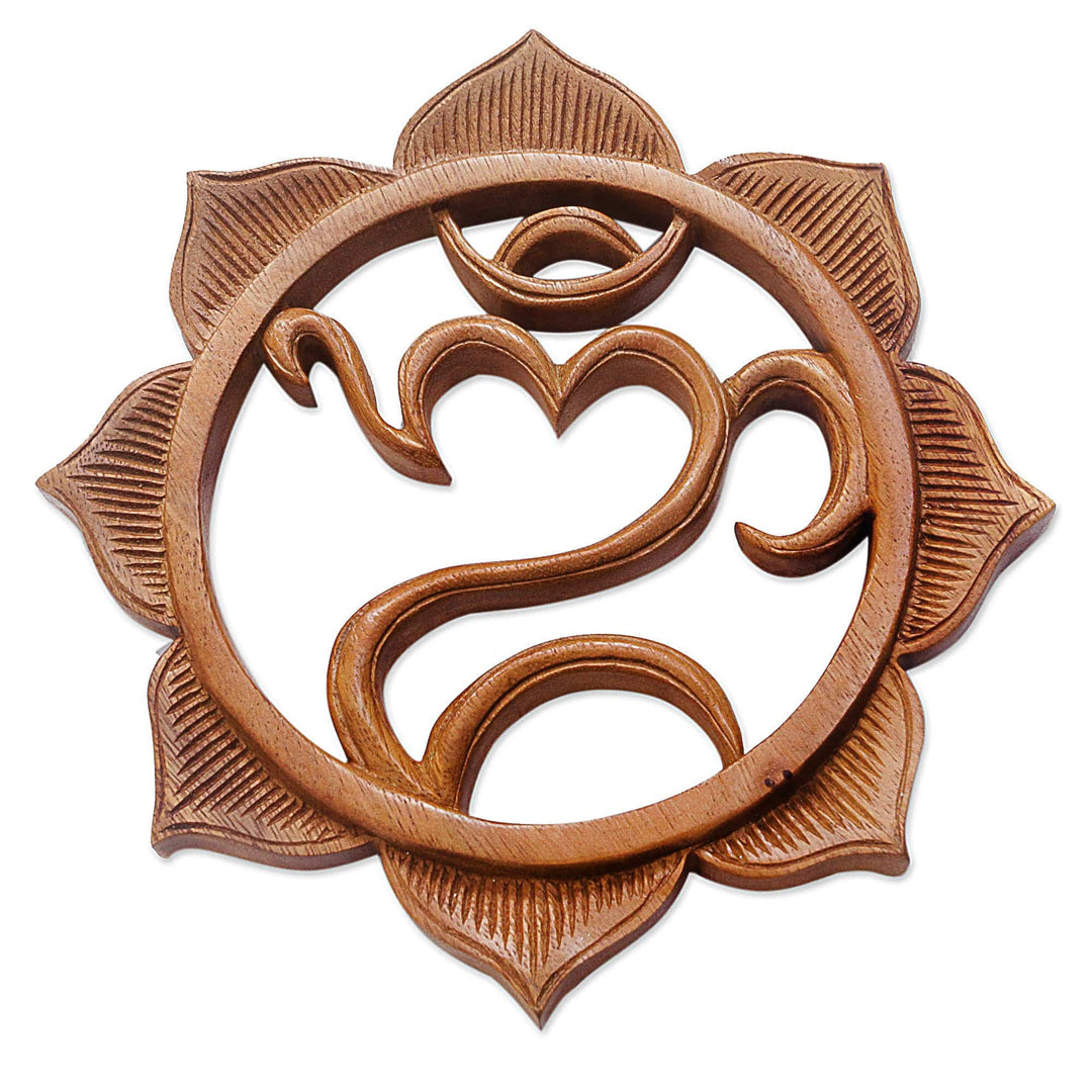 Artisan Carved Balinese Hindu Wood Relief Panel - Omkara