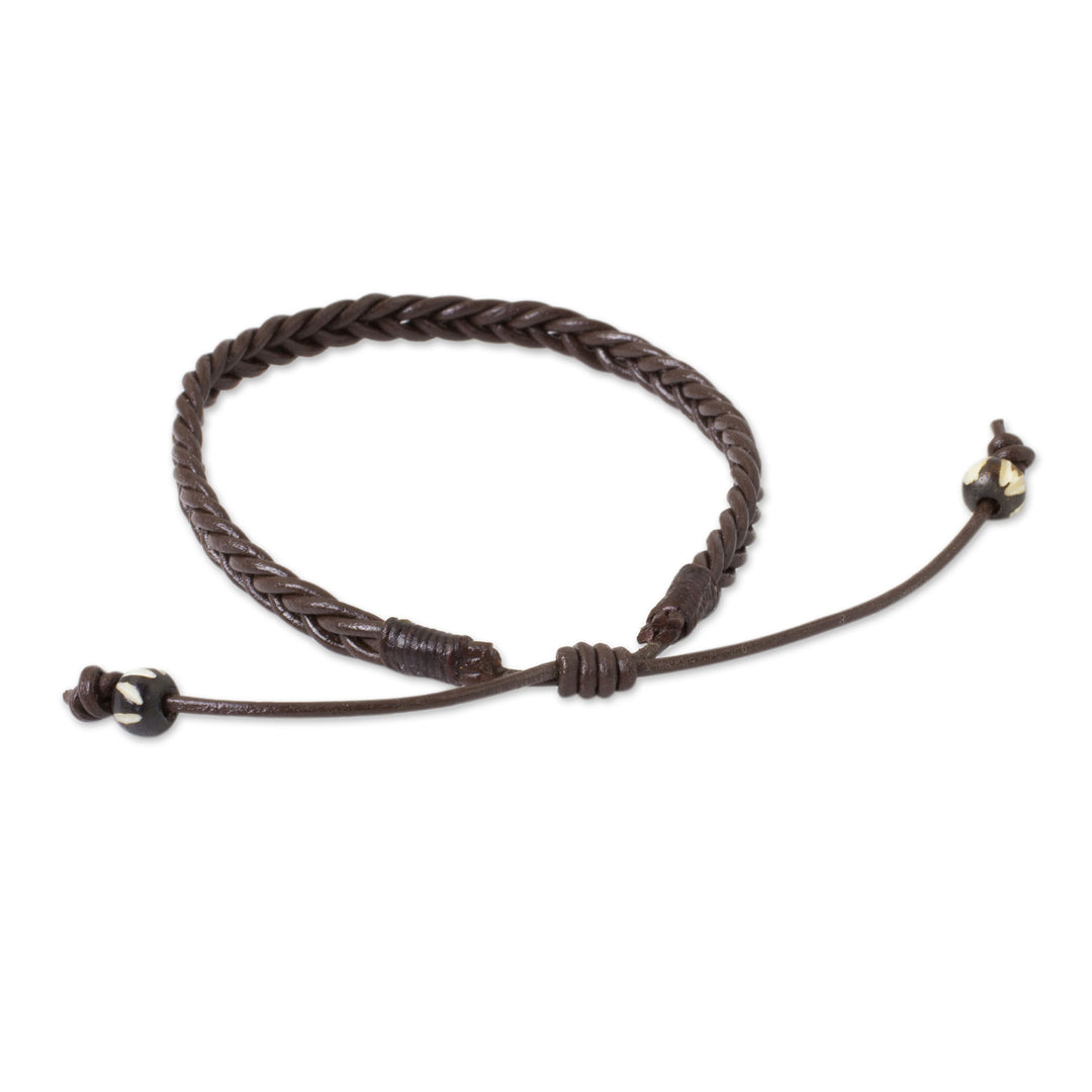Thai Brown Leather Braided Men's Bracelet - Single Brown Braid