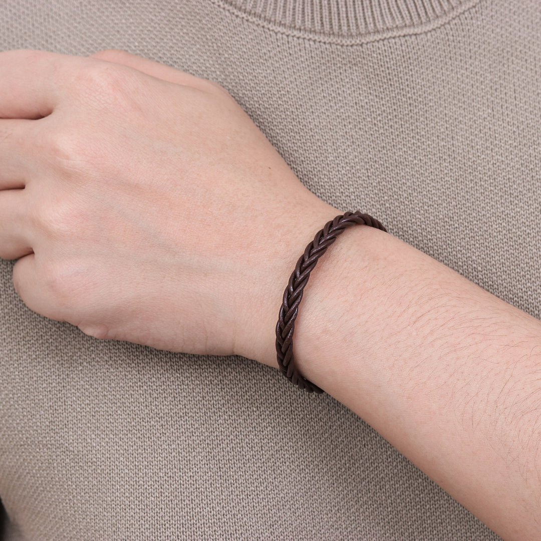 Thai Brown Leather Braided Men's Bracelet - Single Brown Braid