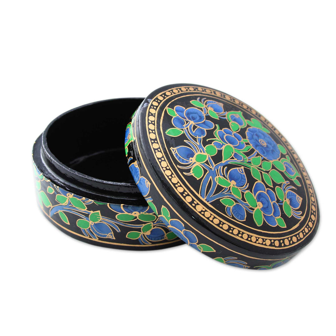 Hand Painted Papier Mache Round Decorative Box - Blue Grandeur