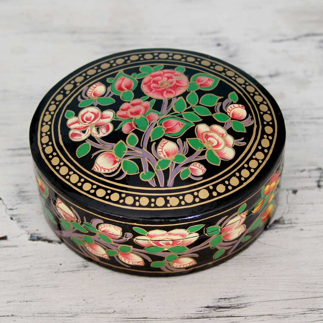Flowers on Papier Mache Decorative Box from India - Rose Grandeur