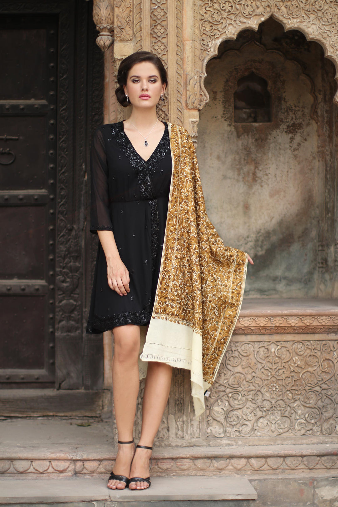 Chain Stitch Embroidered Brown and Yellow Floral Shawl - Golden Chrysanthemums