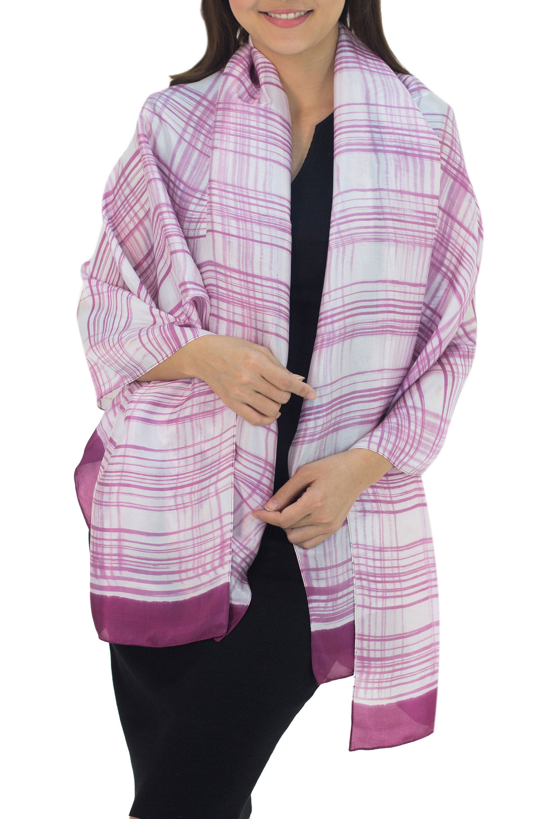 Thai White Silk Blend Shawl with Pink Batik - Pink Plaid Batik
