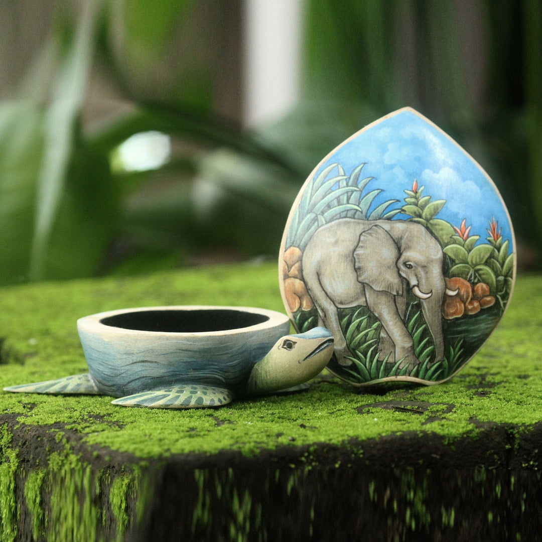 Hand Carved and Painted Turtle Box with Elephant Motif - Turtle and Elephant