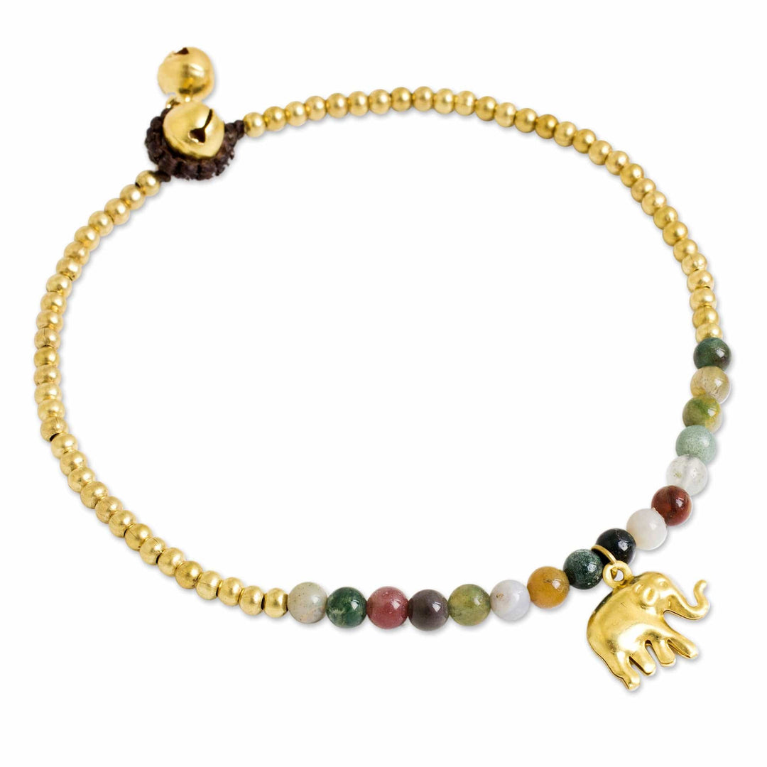 Elephant Charm Agate and Beaded Brass Anklet - Stylish Elephant