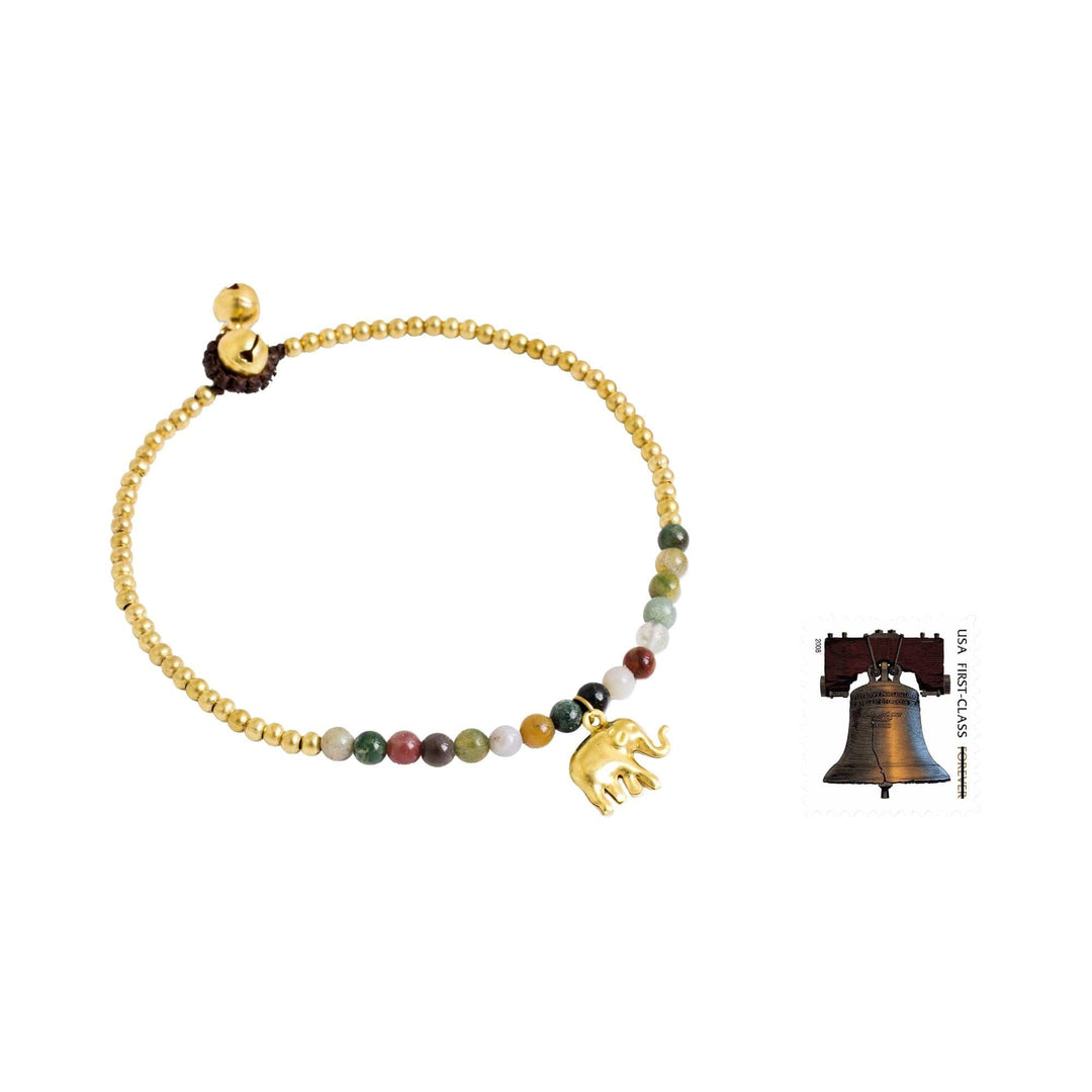 Elephant Charm Agate and Beaded Brass Anklet - Stylish Elephant