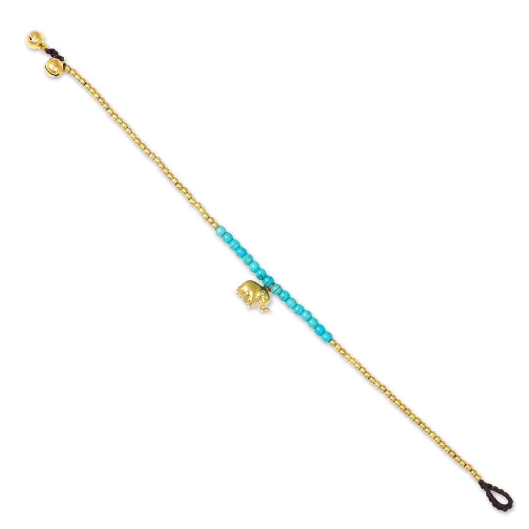 Blue Calcite Elephant Charm Beaded Brass Anklet - Stylish Elephant
