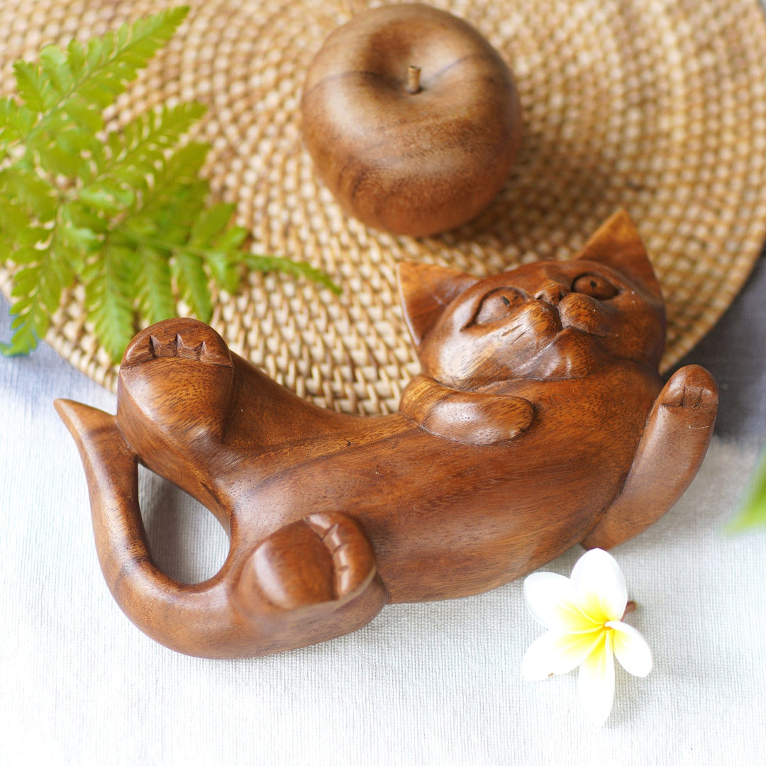 Balinese Signed Hand Carved Cat Sculpture in Wood - Naughty Kitty