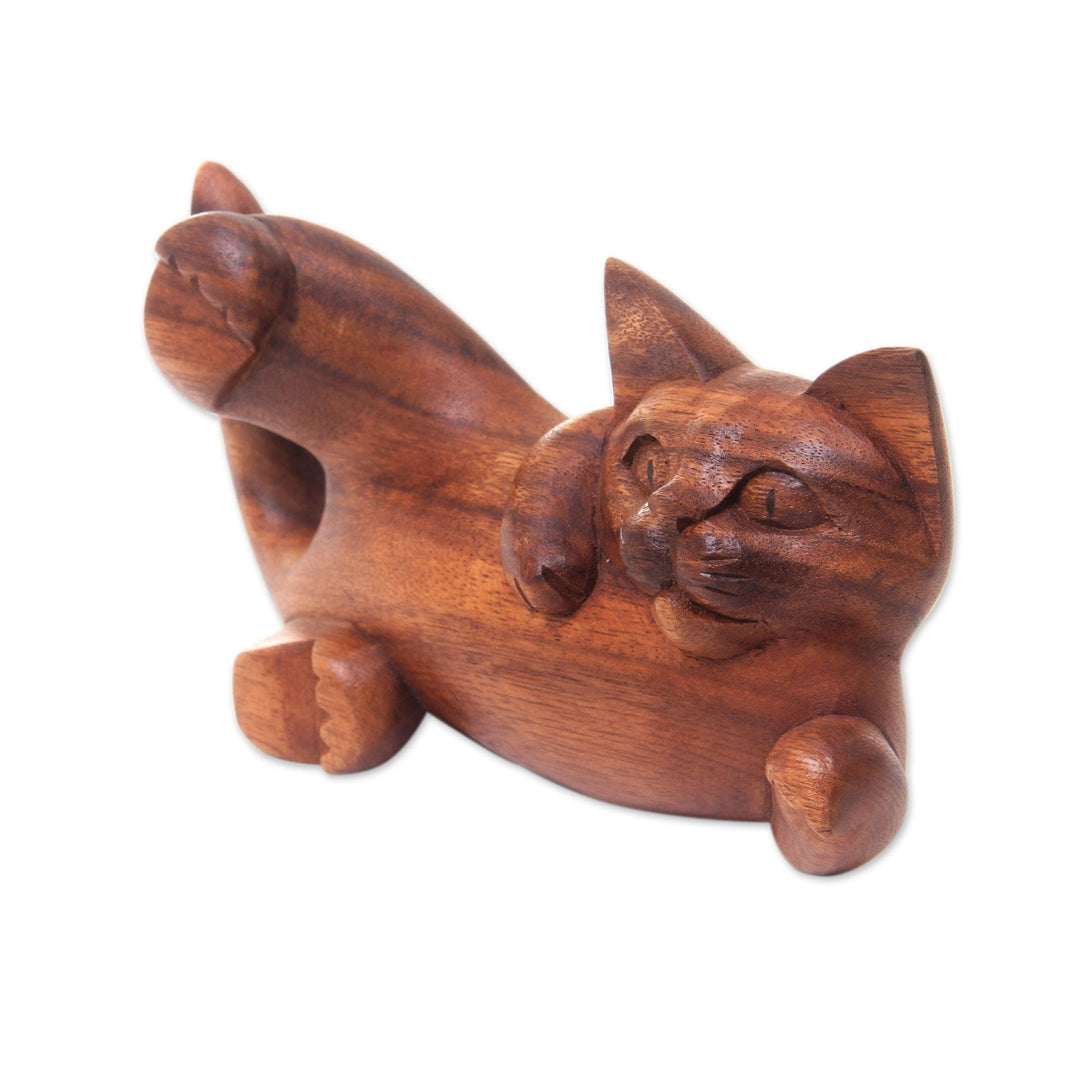 Balinese Signed Hand Carved Cat Sculpture in Wood - Naughty Kitty