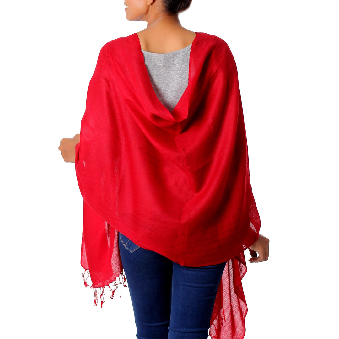 Women's Red All Wool Woven Shawl from India - Valley of Kashmir in Red