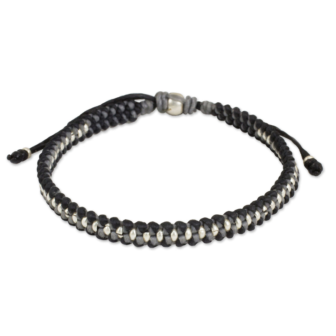Hand Knotted Macrame Bracelet with Hill Tribe Silver Beads - Grey Black Progression