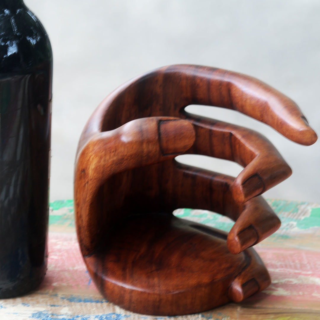 Balinese Signed Hand Carved Wood Wine Bottle Holder - Hold Me