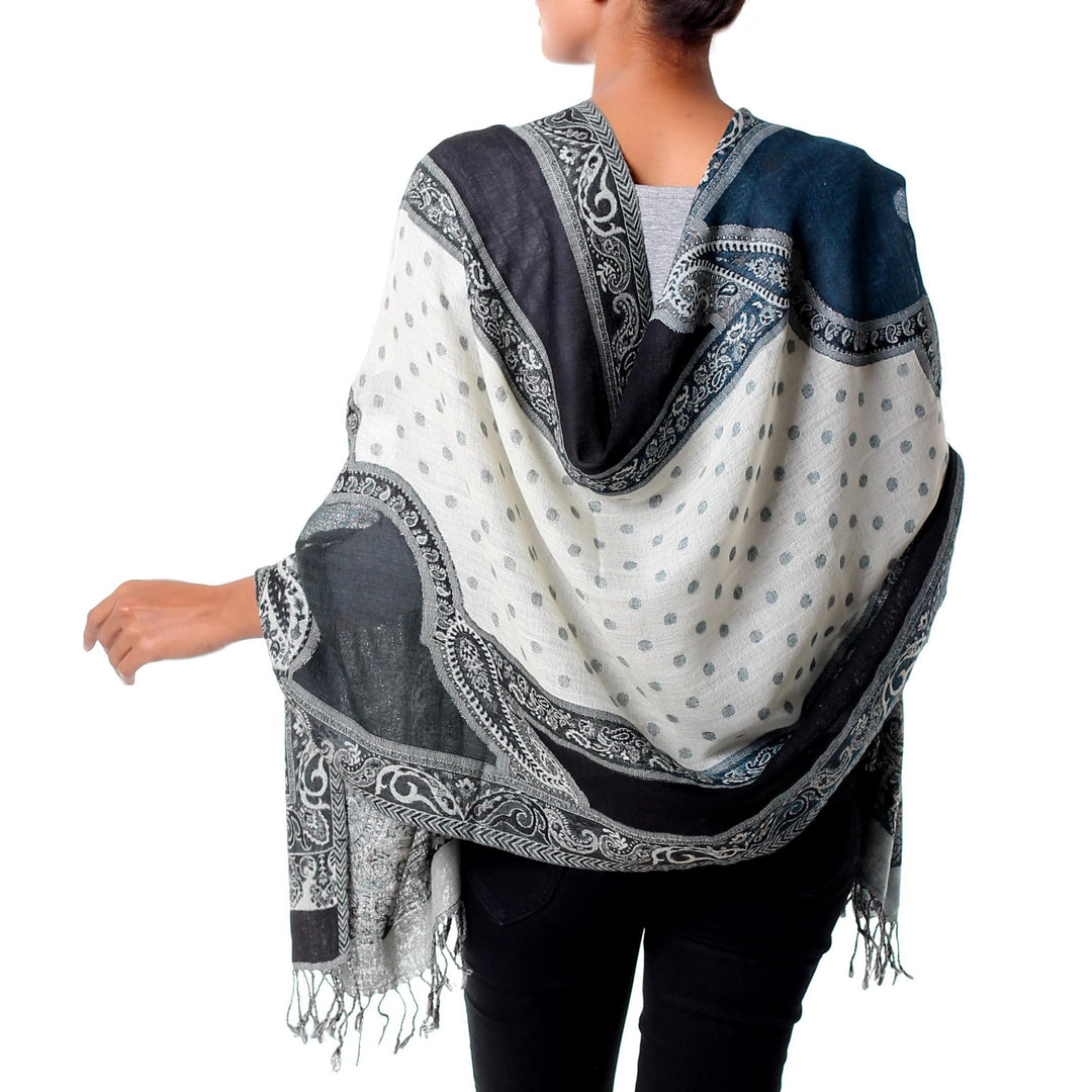 Indian Wool Paisley Jamawar Style Shawl with Subtle Teal - Teal Whisper