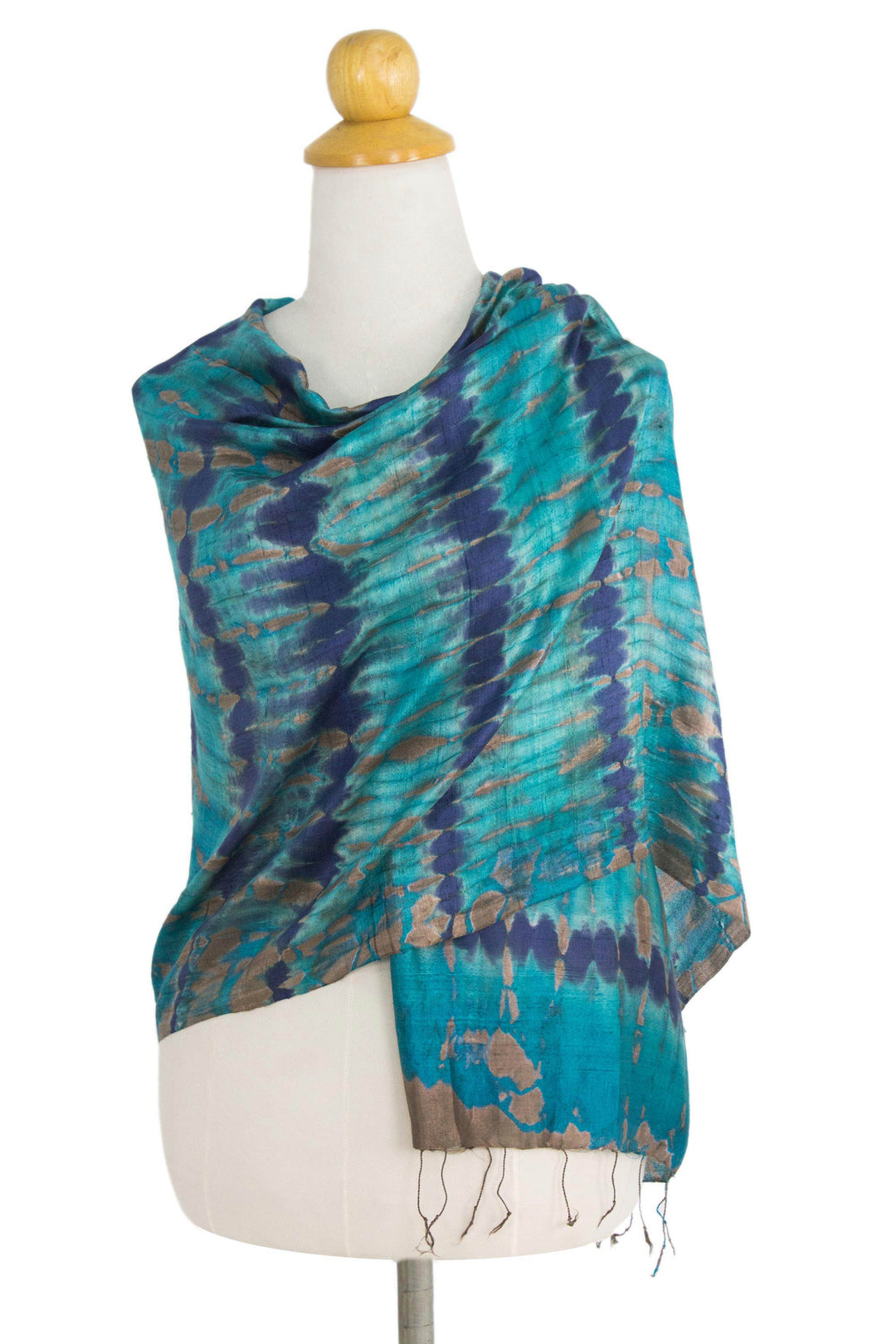 Thai Artisan Crafted Teal and Blue Tie Dyed Silk Shawl - Teal Reflecting Pools