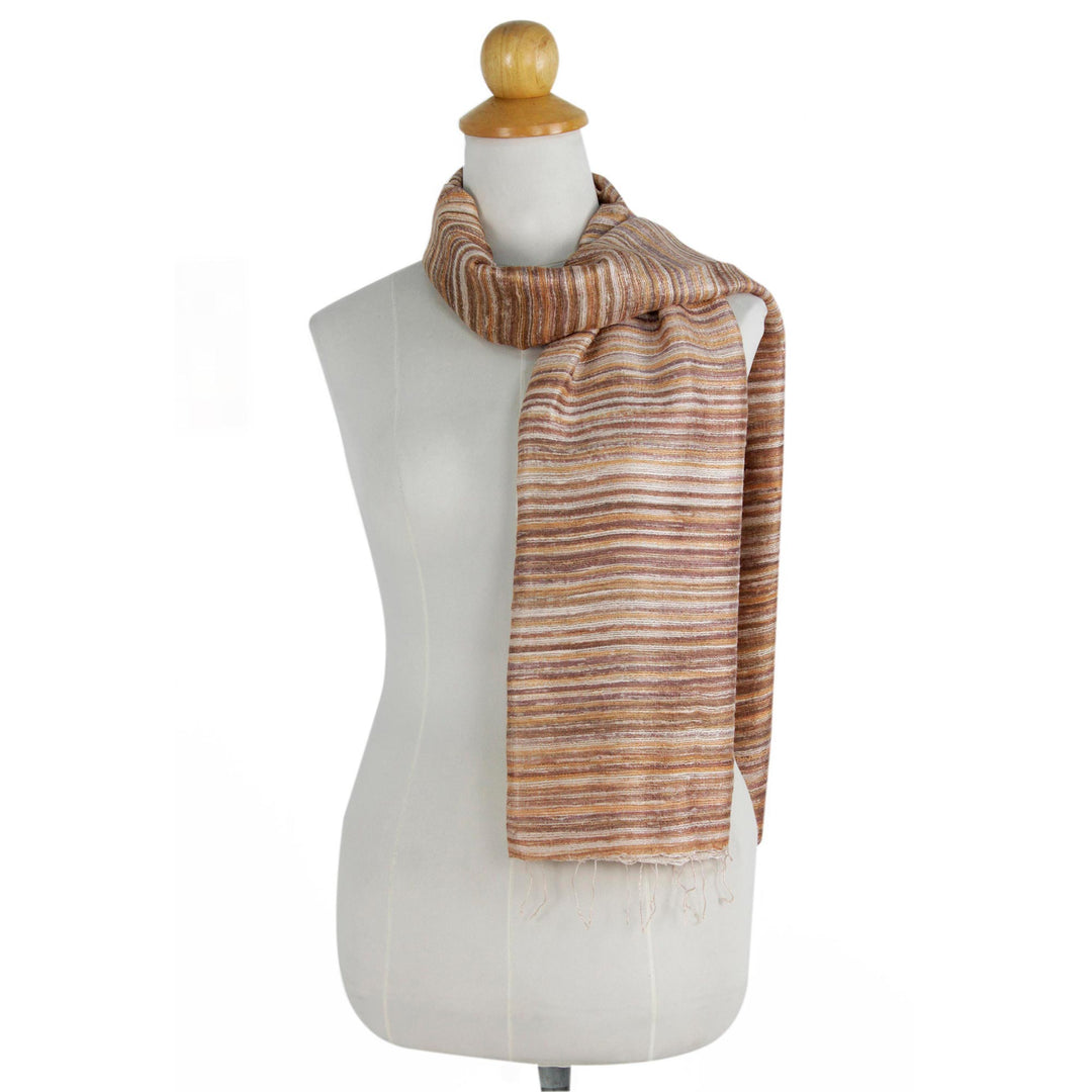 Hand Spun Silk Brown and Orange Scarf from Thailand - Brown Iridescence