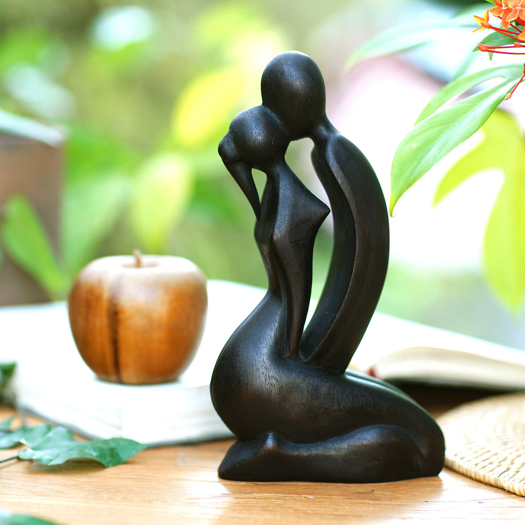 Romantic Hand Carved Wood Sculpture of Lovers' Kiss - The Kiss