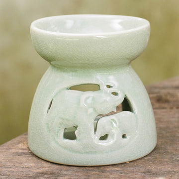 Thailand Elephants Handmade Green Ceramic Clay Oil Warmer - Mother and Baby