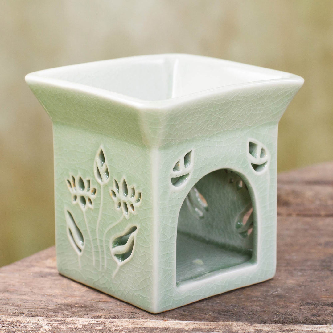 Floral Ceramic Clay Tealight Oil Warmer Handcrafted Thailand - Lotus Garden