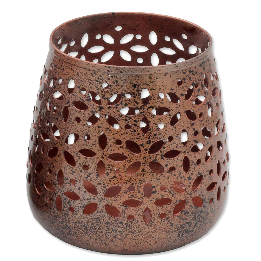 Pair of Copper Plated Steel Floral Tealight Candle Holders - Flower Glow