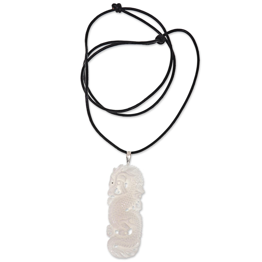 Hand Carved White Dragon Pendant & Leather Cord Necklace - White Dragon Guardian