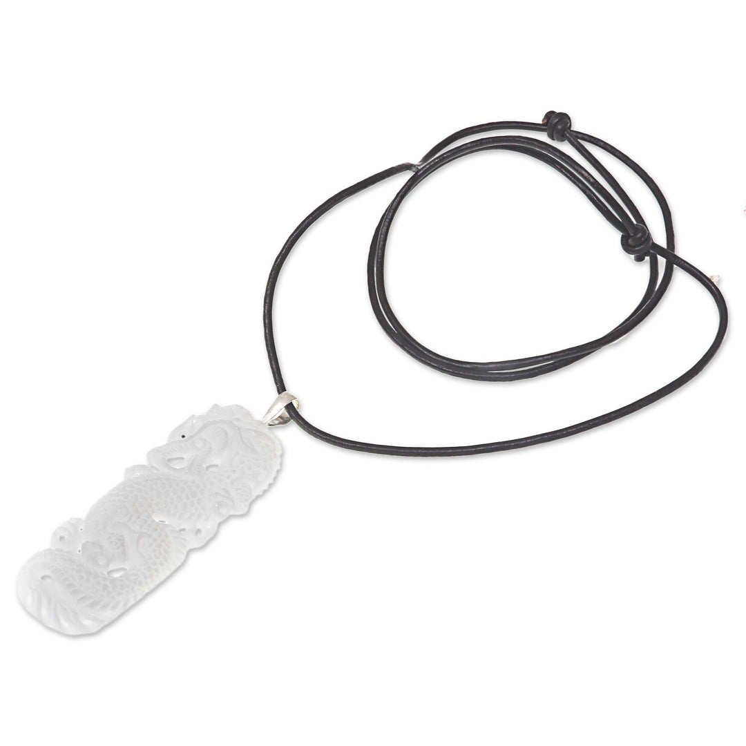Hand Carved White Dragon Pendant & Leather Cord Necklace - White Dragon Guardian