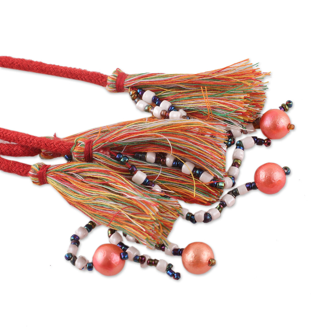 Rayon Embroidered Orange and Red Cotton Belt with Tassels - Tangerine Tassels