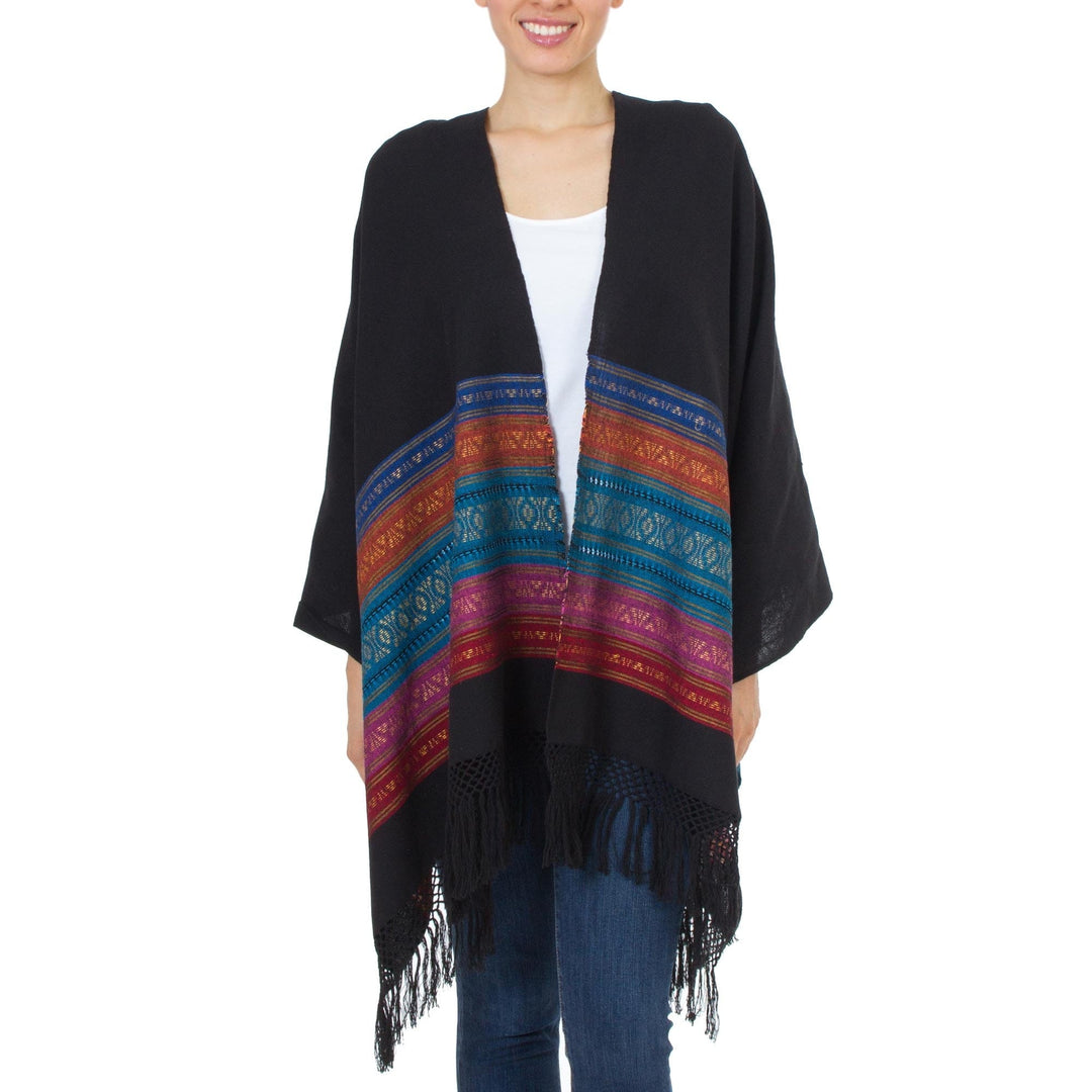 Handwoven Black Zapotec Rebozo Shawl with Multicolor Motifs - Zapotec Night Blues