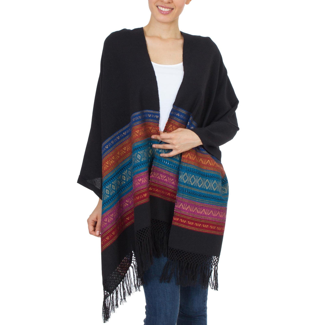 Handwoven Black Zapotec Rebozo Shawl with Multicolor Motifs - Zapotec Night Blues