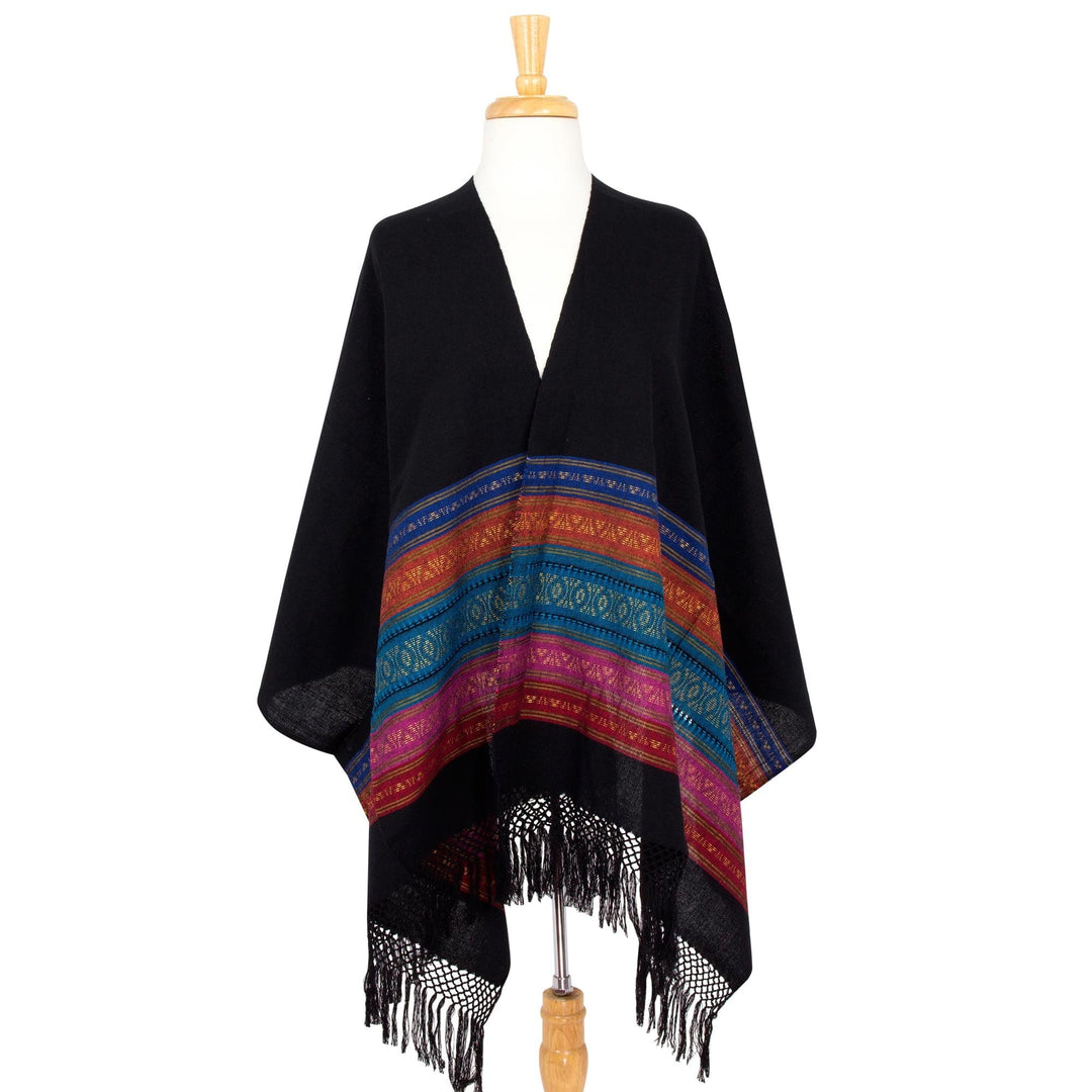 Handwoven Black Zapotec Rebozo Shawl with Multicolor Motifs - Zapotec Night Blues