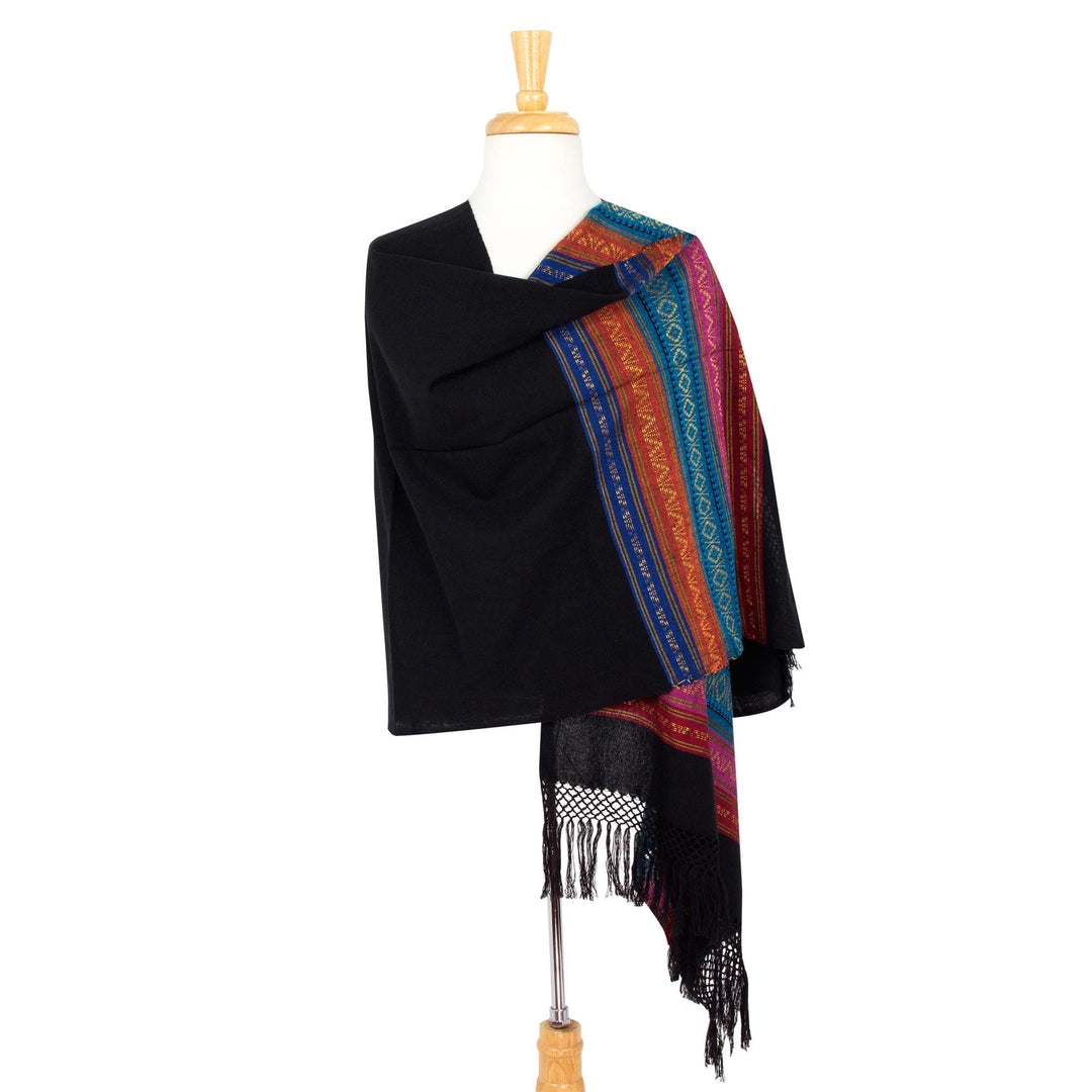 Handwoven Black Zapotec Rebozo Shawl with Multicolor Motifs - Zapotec Night Blues